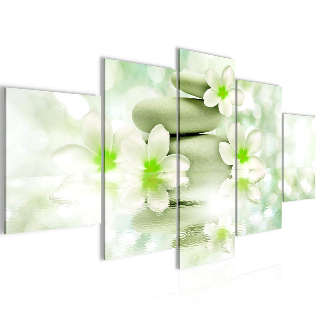 Runa Art Wandbilder Blumen Feng Shui 5 Teilig Bild auf Vlies Leinwand Deko Wohnzimmer Steine Zen Grü