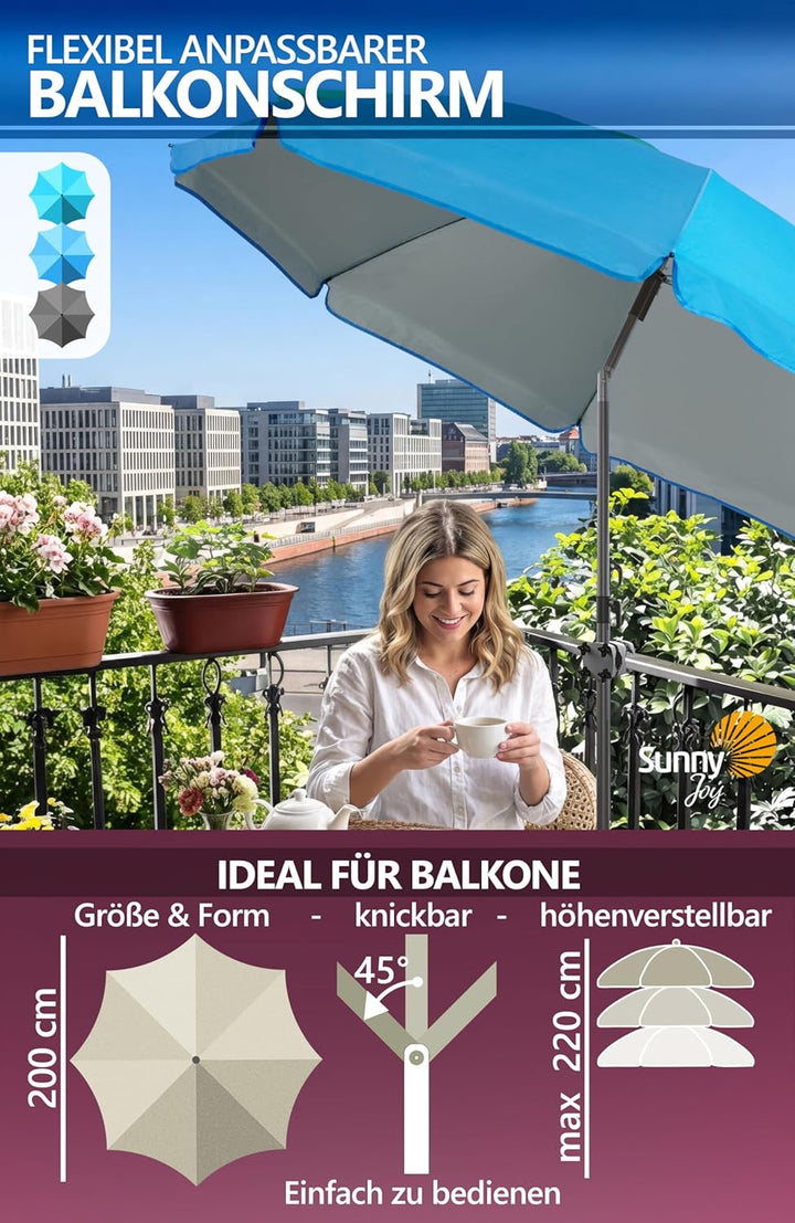 4smile Sonnenschirm Balkon SunnyJoy, 3-in-1 SET, Blau - UPF 50+ Sonnenschirm Ø 200 cm + SunnyGuy Son