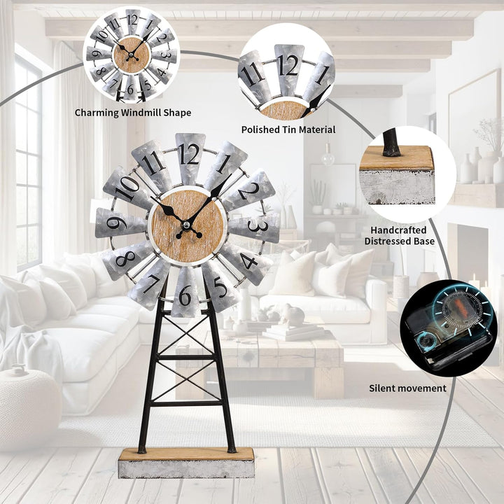 MODE HOME Verzinkte Windmühlen-Tischuhr auf Ständer, Vintage-Schreibtisch- und Regaluhr, dekorative