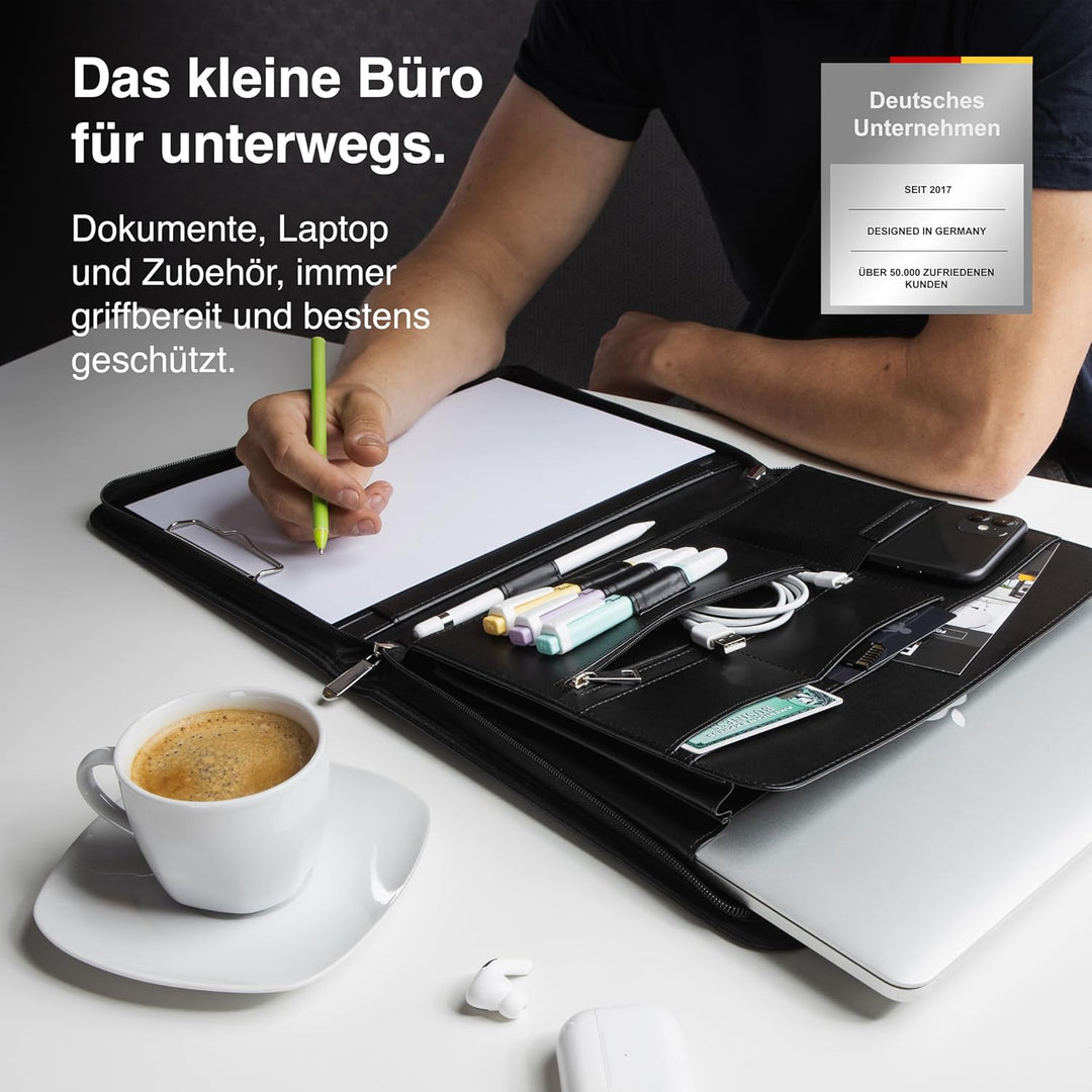 Vebon® Schreibmappe A4 gross Rom I Doppel Reissverschluss + Klemmbrett I Konferenzmappe + Laptoptasc