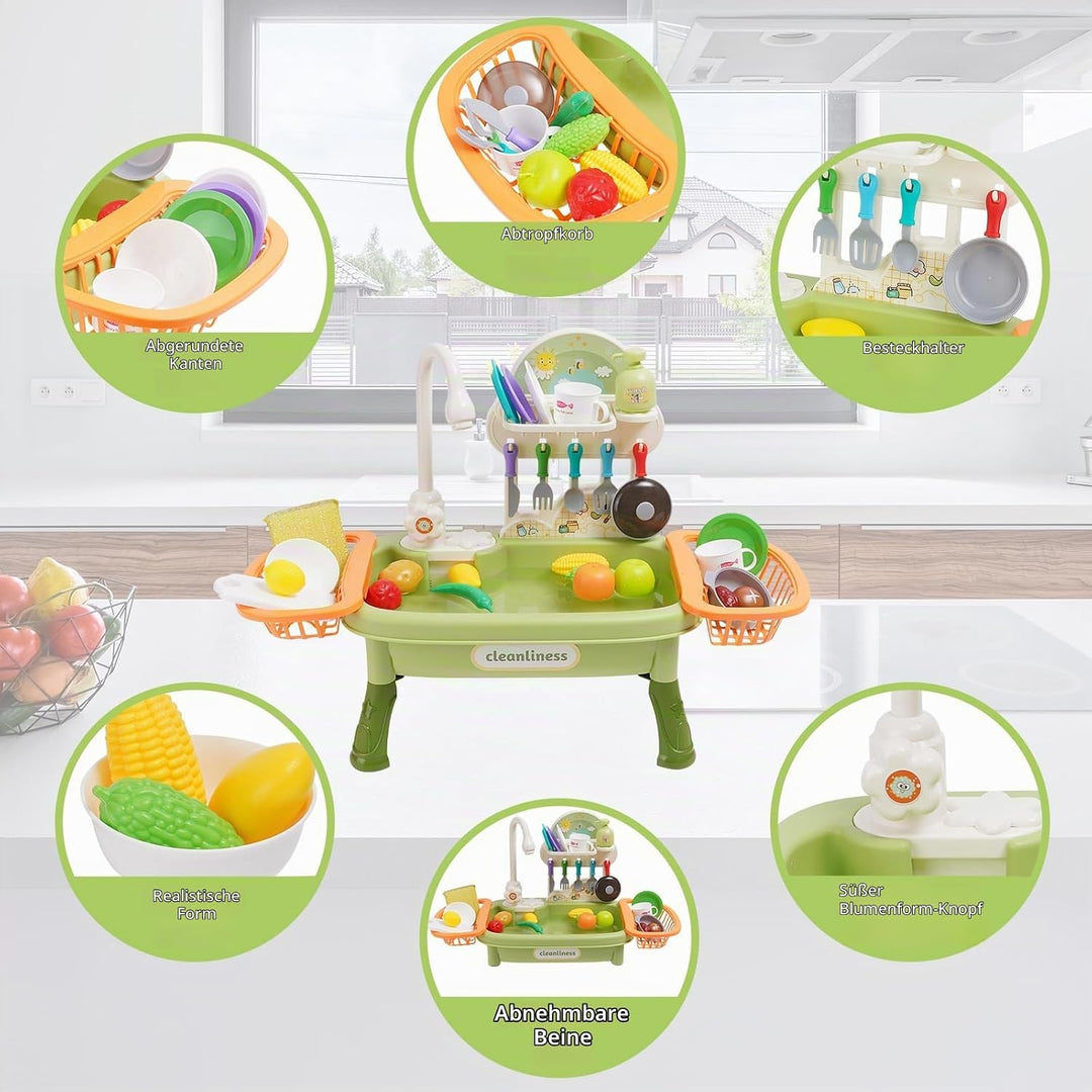 Kinder Spielküche mit Spülbecken,Wasserhahn,Geschirr und Zubehör,Küchenspüle Spielzeug Set mit Wasse
