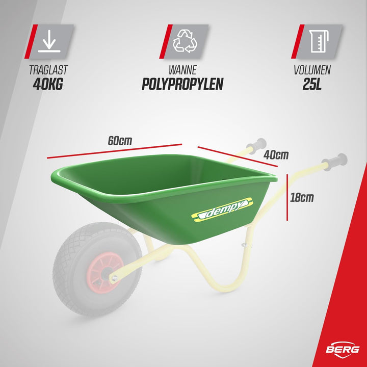 BERG Dempy Schubkarre Kinder Grün/Gelb, Kinderschubkarre, Belastbar bis 40kg, Robust, Langlebig & St