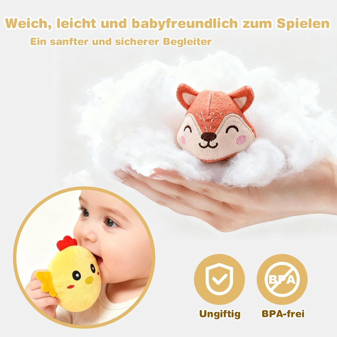 Montessori Baby Spielzeug ab 6 -12 Monate, Weiches Bauernhof-Set mit 5 Tieren, Rassel & Spiegel, Sen