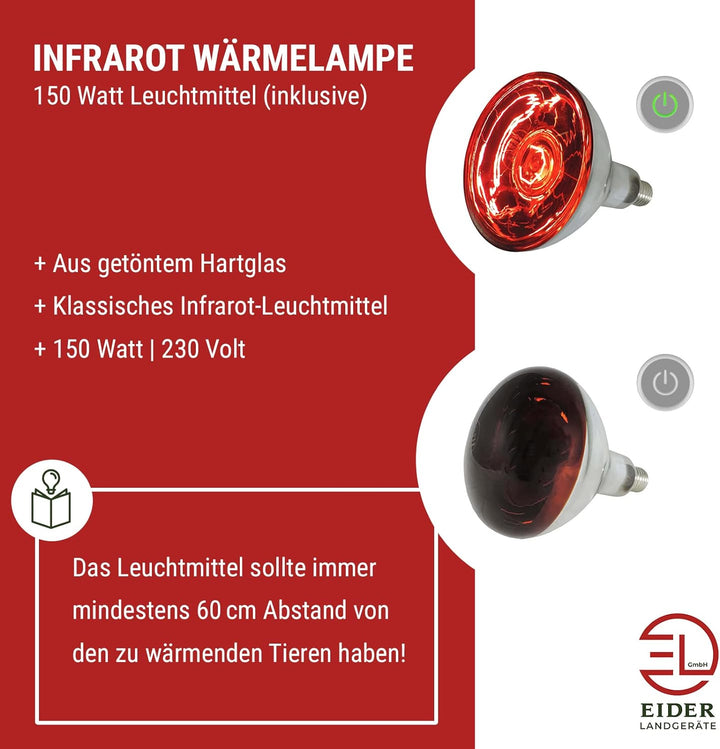 Eider Infrarot-Wärmelampe/Wärmestrahlgerät 150 Watt - Set mit zwei Birnen - für Küken, Ferkel, Welpe