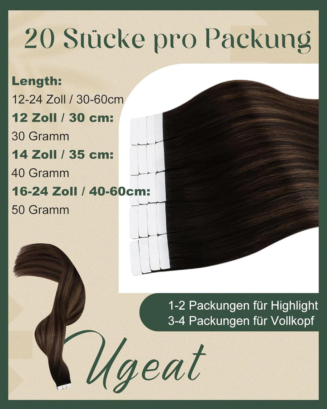 Ugeat Echthaar Extensions Tape Braun Balayage Echthaar Tape in Extensions Dunkelbraun Balayage Remy