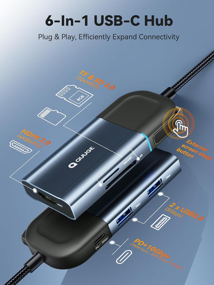 QUUGE USB C Hub, 6 in 1 4K HDMI Dock, 100W PD, SD/TF Kartenleser, Laptop