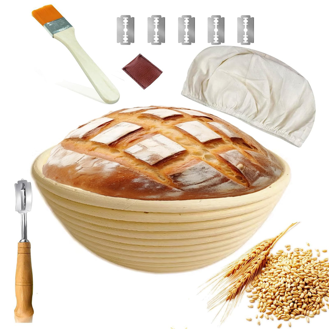Gärkorb Rund 23cm, Gärkörbchen Set, Banneton, Natürlichem Rattan, Bürste, Bread Brotmesser, Leinentu