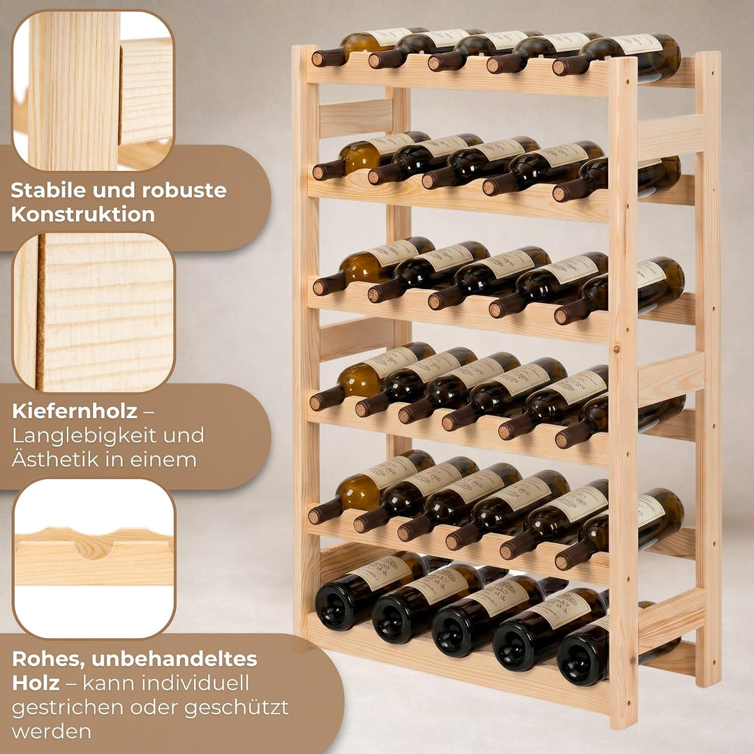 SPRINGOS Weinkühlschrank aus Kiefernholz für 30 Flaschen - Natürlicher Holz-Weinregal mit 6 vorderen