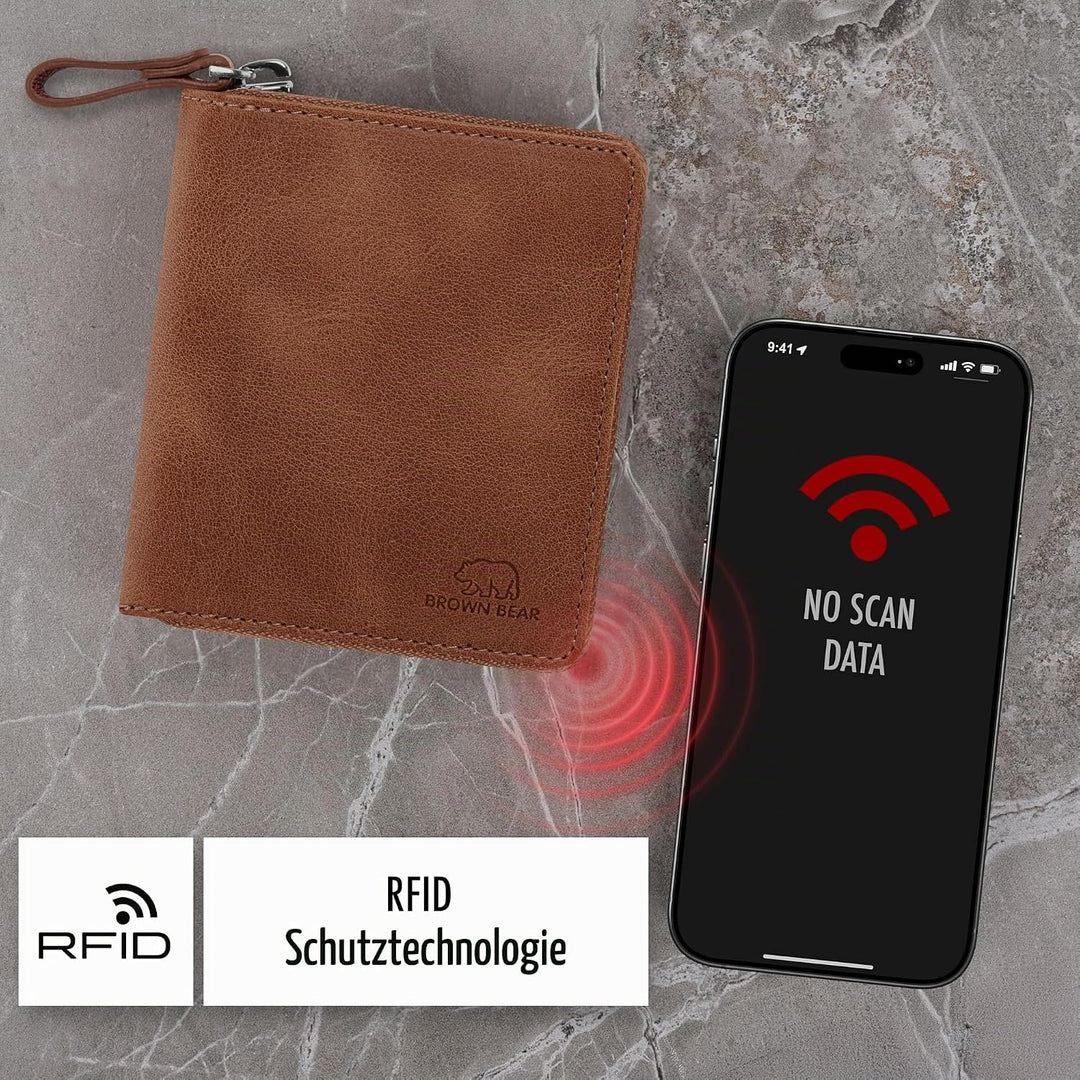 BROWN BEAR Geldbörse Reissverschluss Leder Vintage Braun für Damen &amp; Herren | RFID-Schutz Portemonna