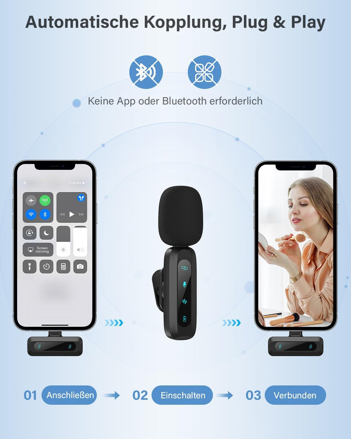 Kabelloses Lavalier-Mikrofon für iPhone, iPad, Android-Handy,Mini-Mikrofon mit Rauschunterdrückung,