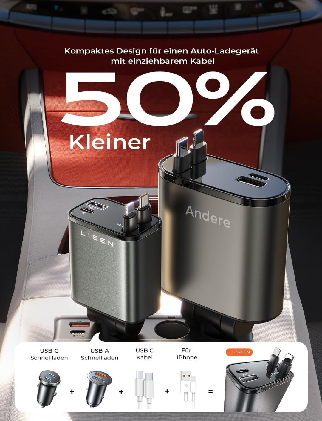 LISEN 69W Einziehbares Zigarettenanzünder USB C Schnellladegerät Ladegerät Auto Retractable ladekabe