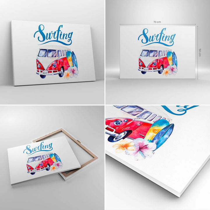 Bilder auf Leinwand Aquarell Surfbrett Palme Bäume Leinwandbild 70x50cm Wandbilder Dekoration Wohnzi