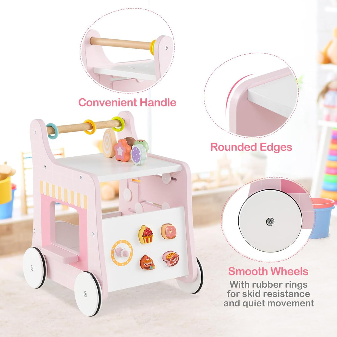 DREAMADE Lauflernwagen Holz, 6-in-1 hölzerne Lauflernhilfe, Baby Walker mit Blöcken & Zubehör, Lernl
