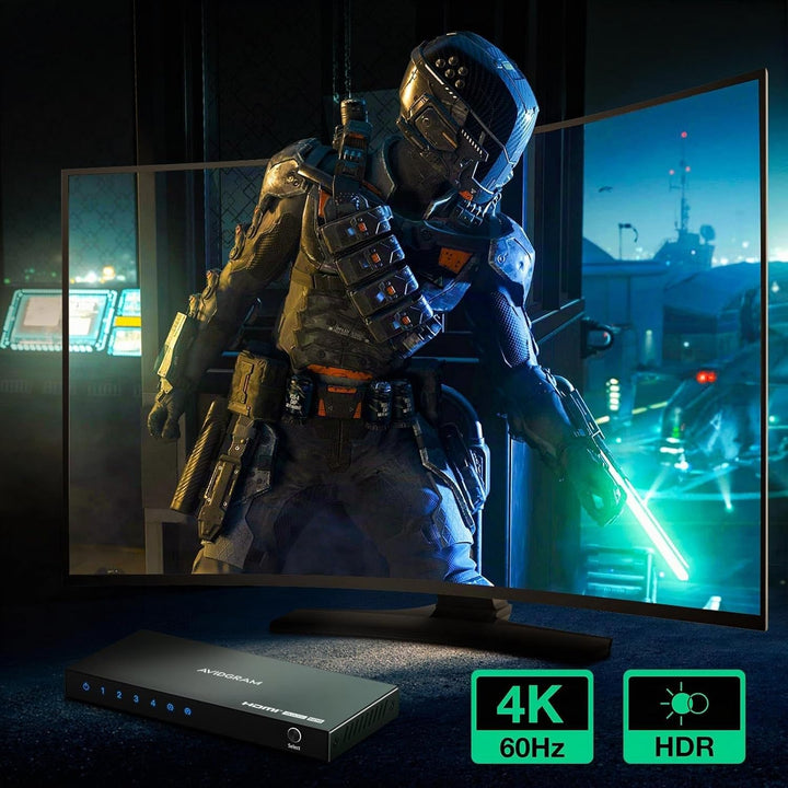 HDMI Switch 4K 60Hz, AVIDGRAM HDMI 2.0 Umschalter 4 in 1 Out, 4 Port HDMI Selector Box with IR Remot