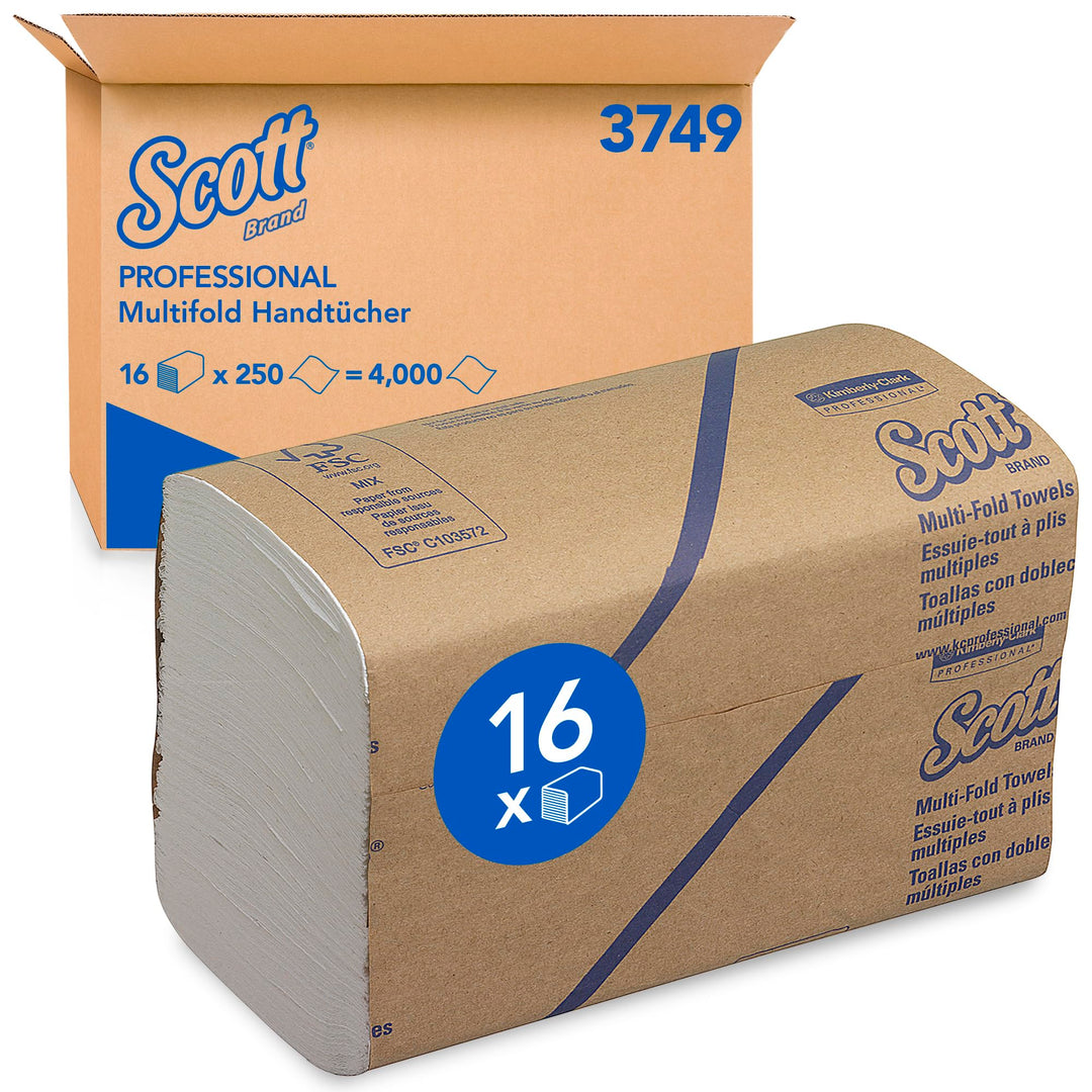 Scott Multifold Handtücher 3749 – gefaltete Papierhandtücher – 16 Packungen x 250 weisse Papierhandt