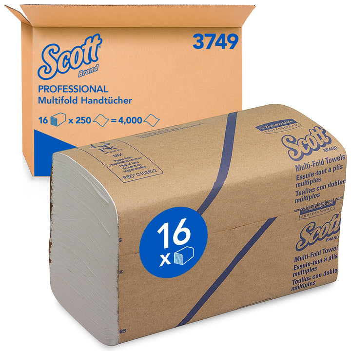 Scott Multifold Handtücher 3749 – gefaltete Papierhandtücher – 16 Packungen x 250 weisse Papierhandt