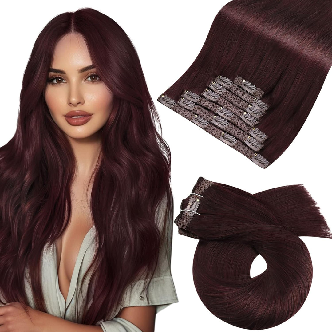 Moresoo Clip Extensions Echthaar Clip in Extensions Rot Doppelt Tressen Haarverlängerung Echthaar Cl
