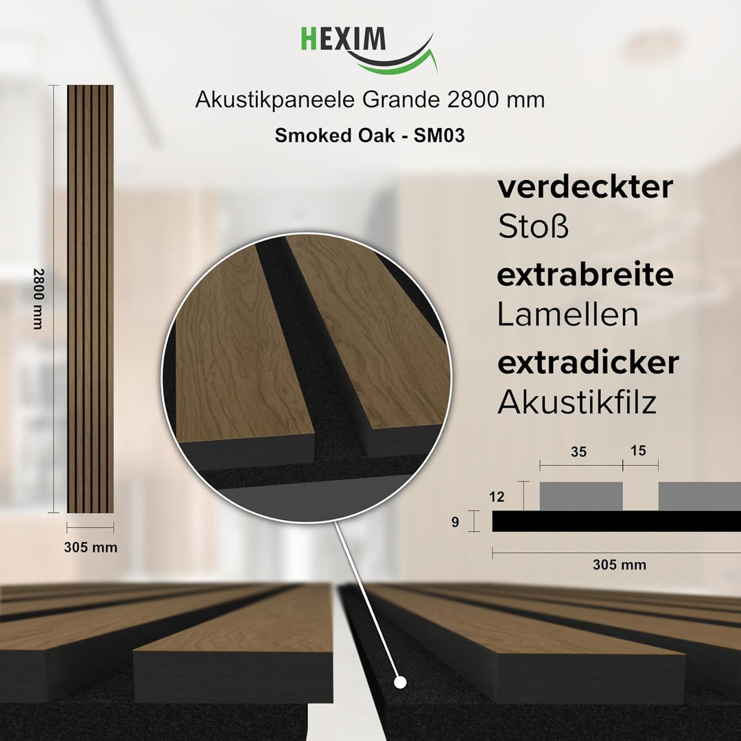 HEXIM Akustikpaneele 4 Stück 280x30cm Holz Grande - XXL Wandpaneele Platten Lamellen Holzpaneele Ech
