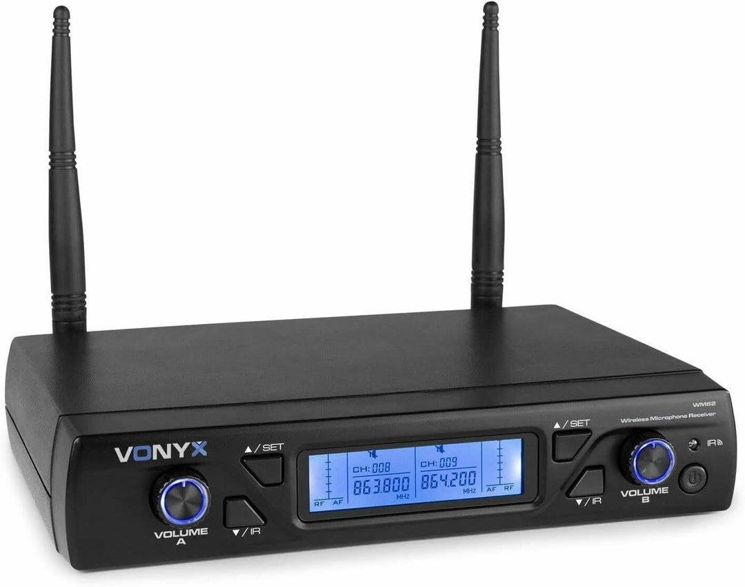 Vonyx WM62 2 kabellose Mikrofone und Empfänger - 16 UHF-Kanäle | 2 Handmikrofone, 16 UHF-Kanäle, IR-
