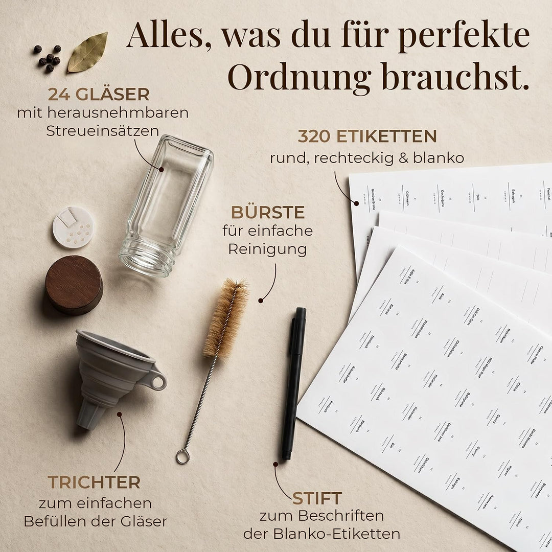 Gewürzgläser mit Streueinsatz [24x 120ml] + 320 Wasserfeste Label - Luftdichte Gewürzgläser eckig -