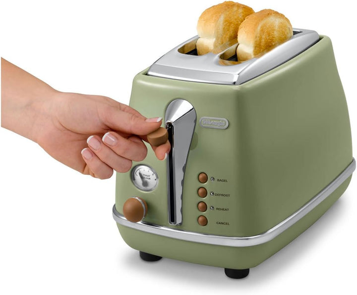 De'Longhi Toaster Icona Vintage CTOV2103.GR - 2-Schlitz-Toaster mit Brötchenaufsatz, Edelstahl in el