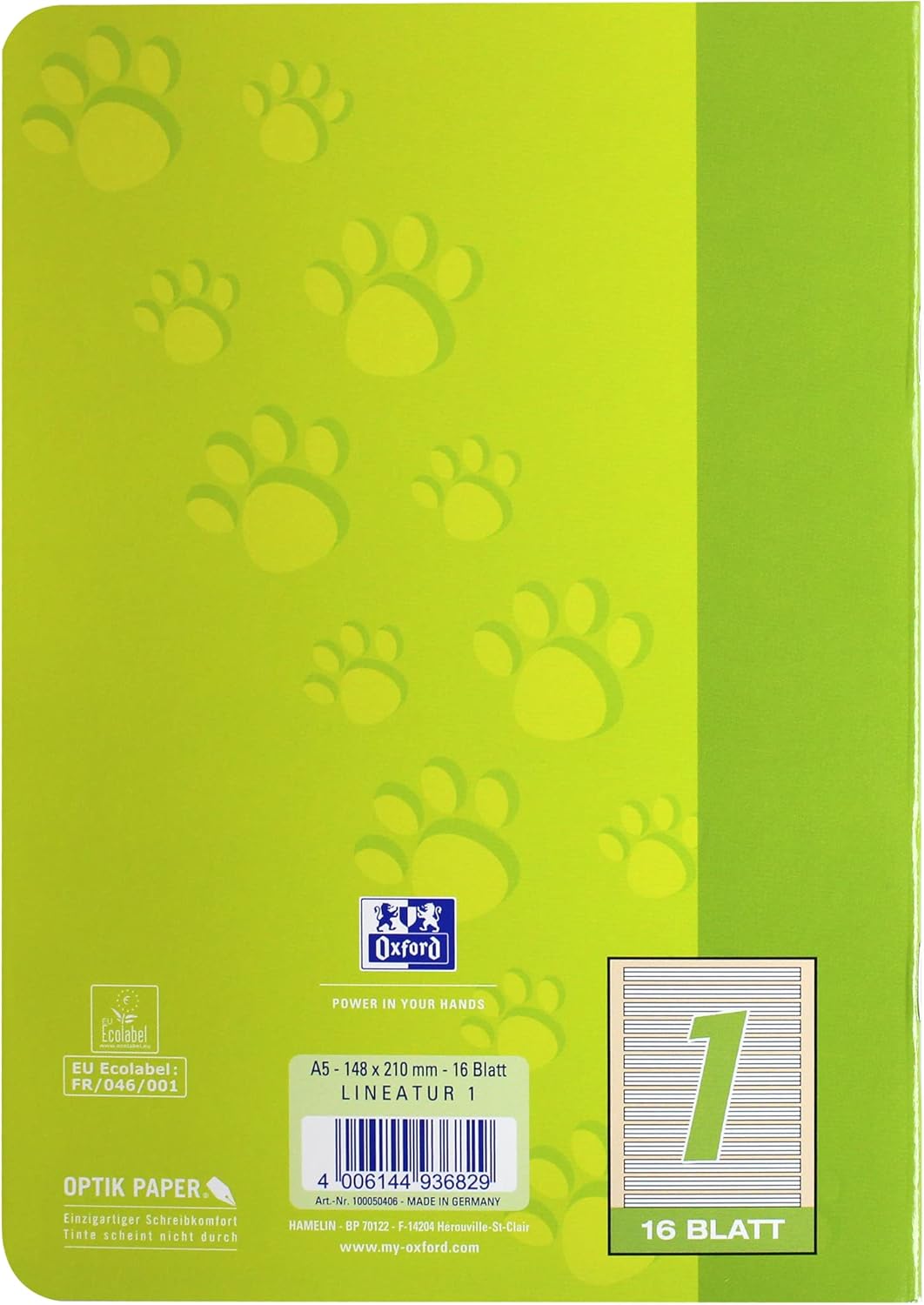 Oxford Schulheft A5, Lineatur 1, 16 Blatt, grün mit Tatzen, 15 Stück (Packung mit 2) 16 Blatt (Packu