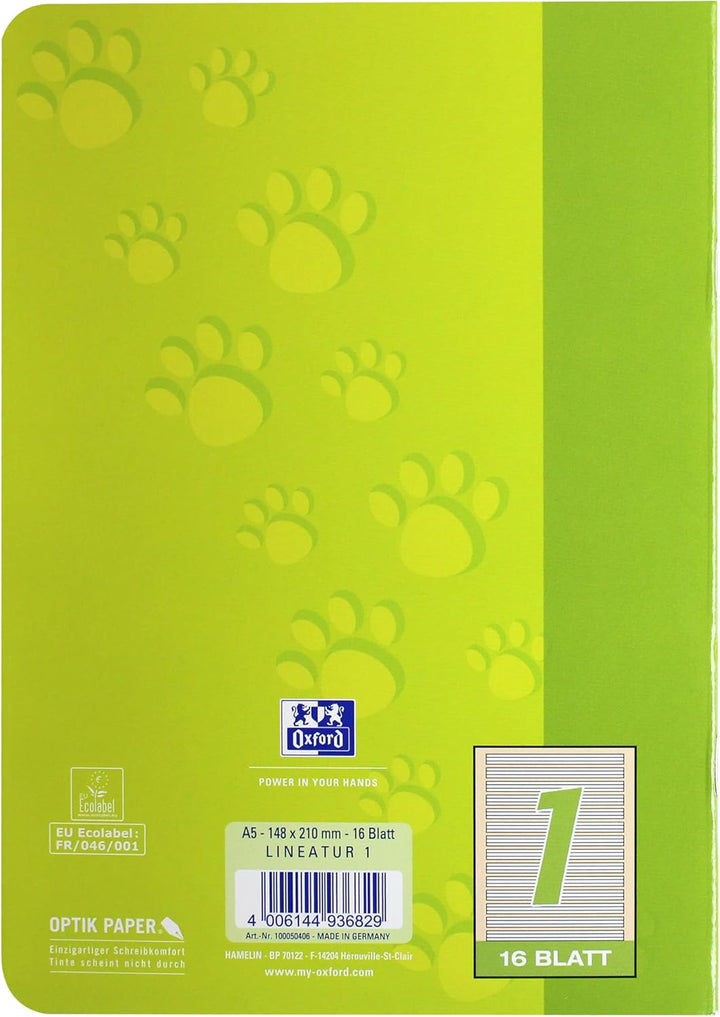 Oxford Schulheft A5, Lineatur 1, 16 Blatt, grün mit Tatzen, 15 Stück (Packung mit 2) 16 Blatt (Packu