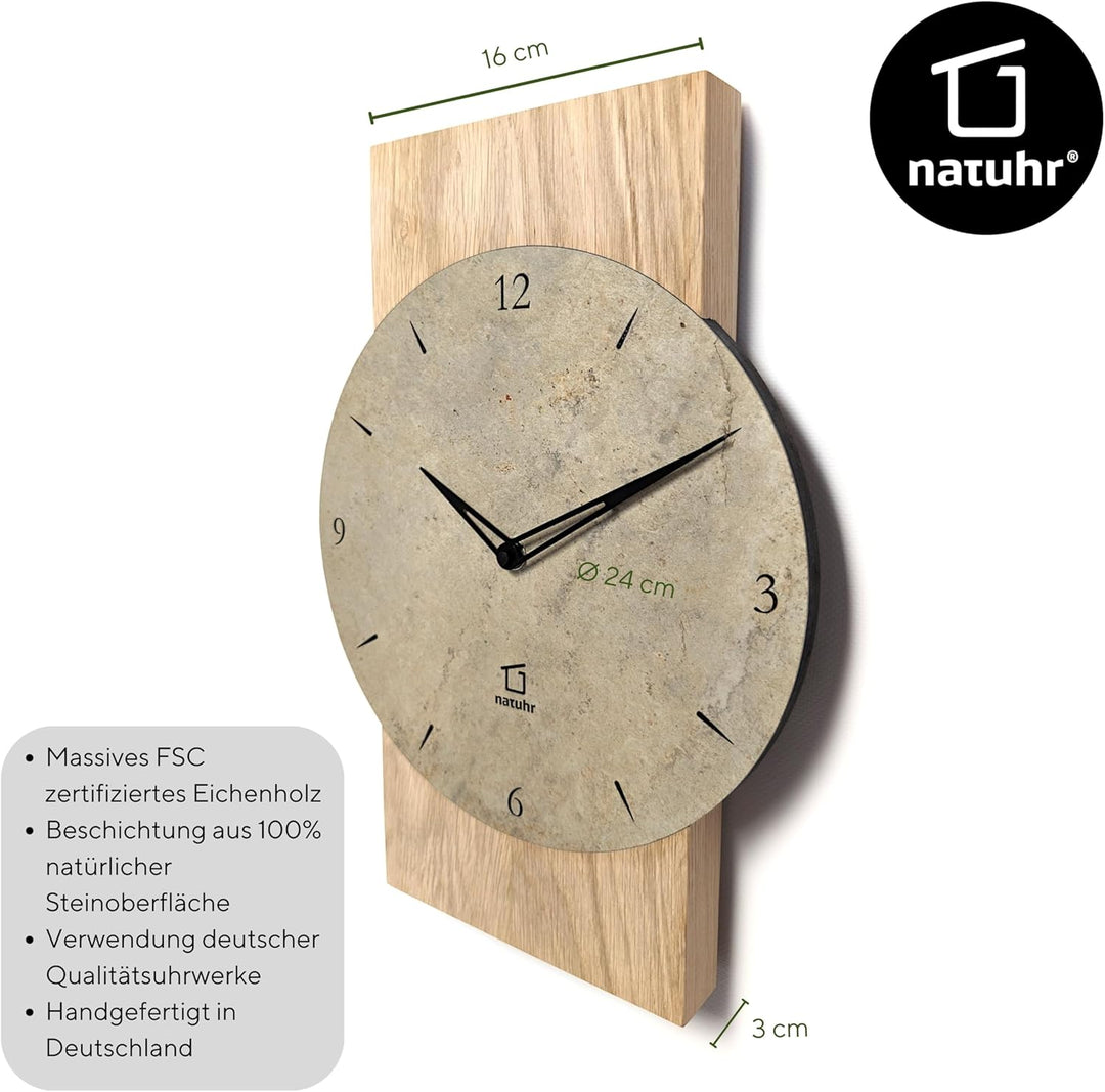 Natuhr Schiefer Wanduhr - Zugspitze - Holz Eiche Schiefer Stein geräuscharm Made in Germany (Heller