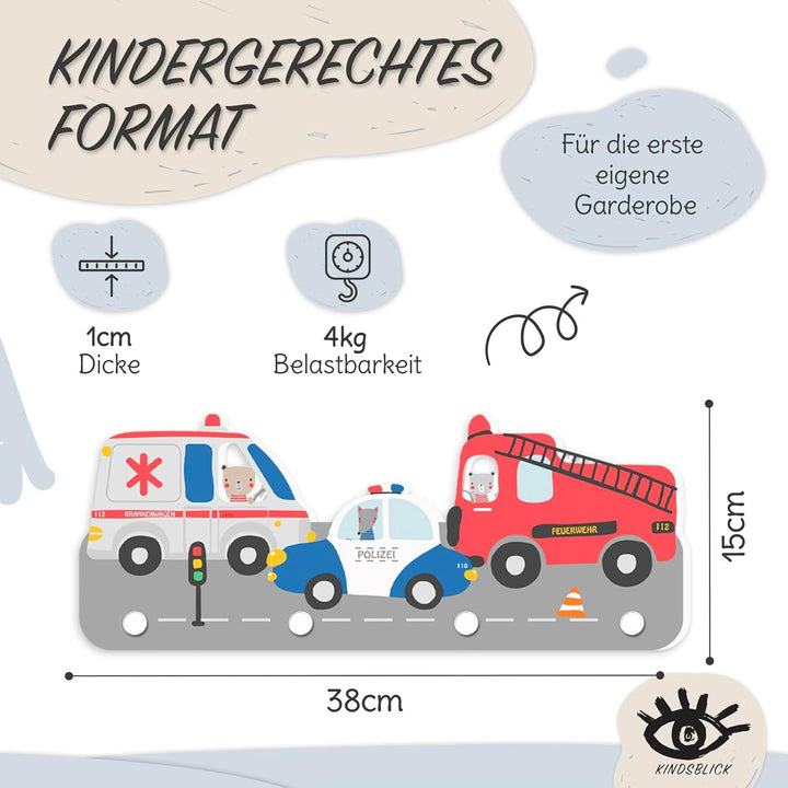 Rettungsautos Kindergarderobe in Bunt inkl. niedlichem A4 Poster - Kinder Garderobe Deko mit 4 Haken