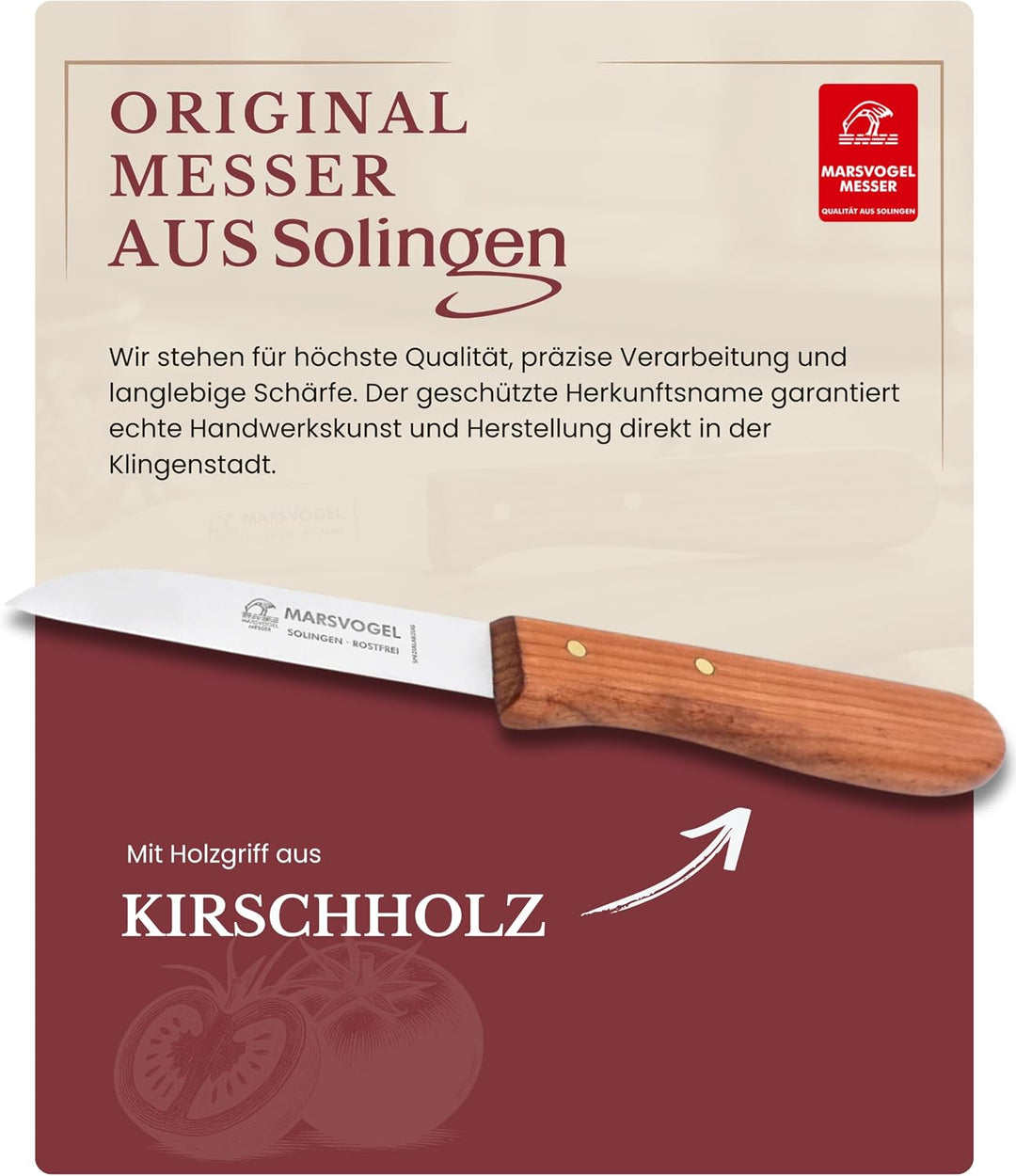 2 x Küchenmesser, rostfrei, sehr scharf, Klinge 3" = 7,2 cm, gerade, Kirschbaum-Holzgriff, Marsvogel