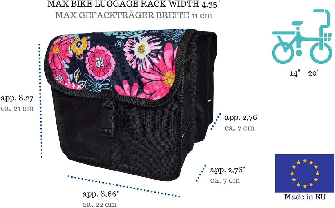 Beluko FAHRRADTASCHE Kinder Satteltasche Gepäckträgetasche Doppel 2 x 5l (8. Mini - Blumen)