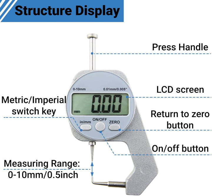 LiebeWH Dickenmesser 0-10 Mm Bereich LCD-Bildschirm Digitalanzeige Gekrümmte Spitze Mini-Dickenmesse