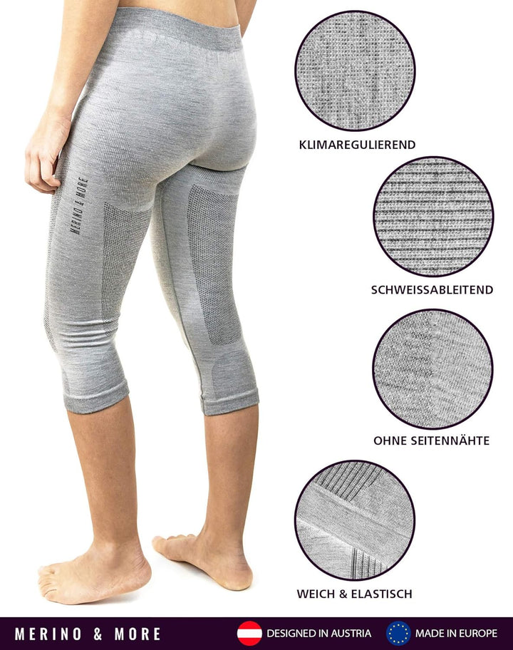 Merino & More Merino Unterhose Damen - Funktionsunterwäsche Merinowolle - 3/4 lang M Hellgrau, M Hel