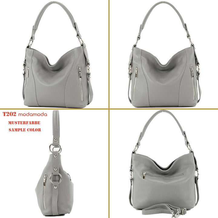 modamoda de - T202 - ital. Damen Henkeltasche Schultertasche aus Leder Creme, Creme