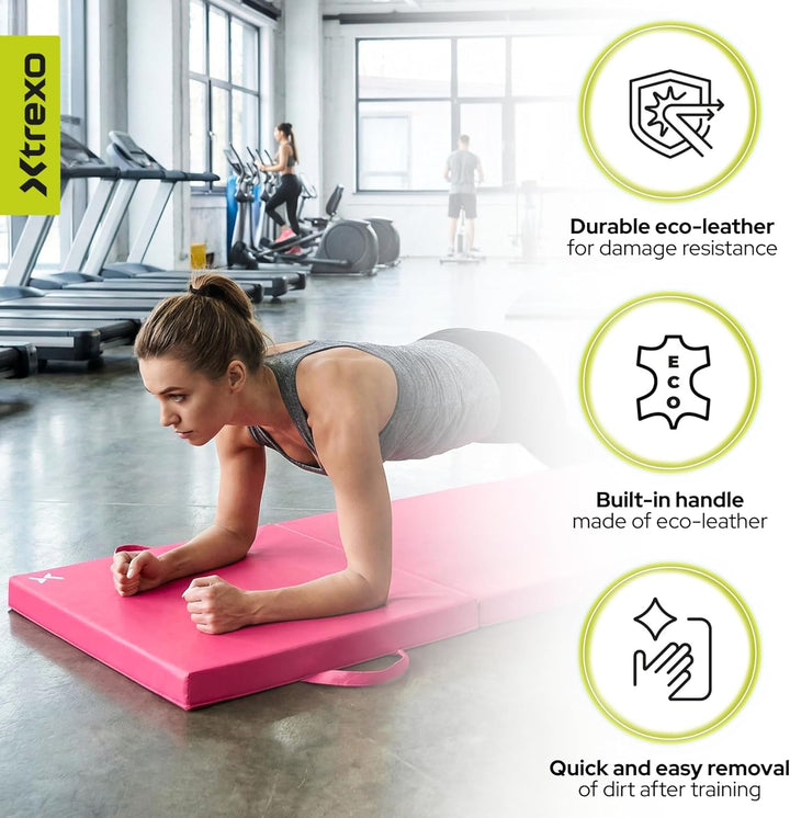 TREXO Faltbare Gymnastikmatratze - 3-teilig, abriebfester Öko-Lederbezug, flexibler PE-Schaum, Trage