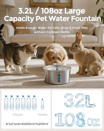 Katzenbrunnen Edelstahl, 3.2L Trinkbrunnen für Katze mit Blumenfontäne & 2.2L Trinkbrunnen für Katze