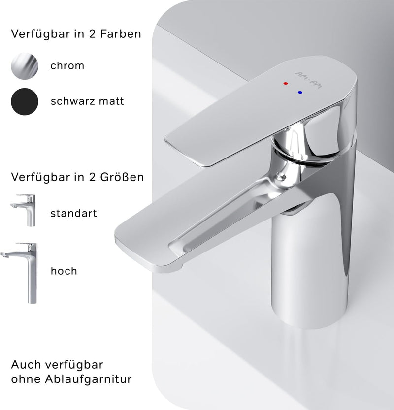 AM.PM GEM FGA82100 Einhebel-Waschtischarmatur, kratzfester Wasserhahn, mit Klick-Ablaufgarnitur, Aus