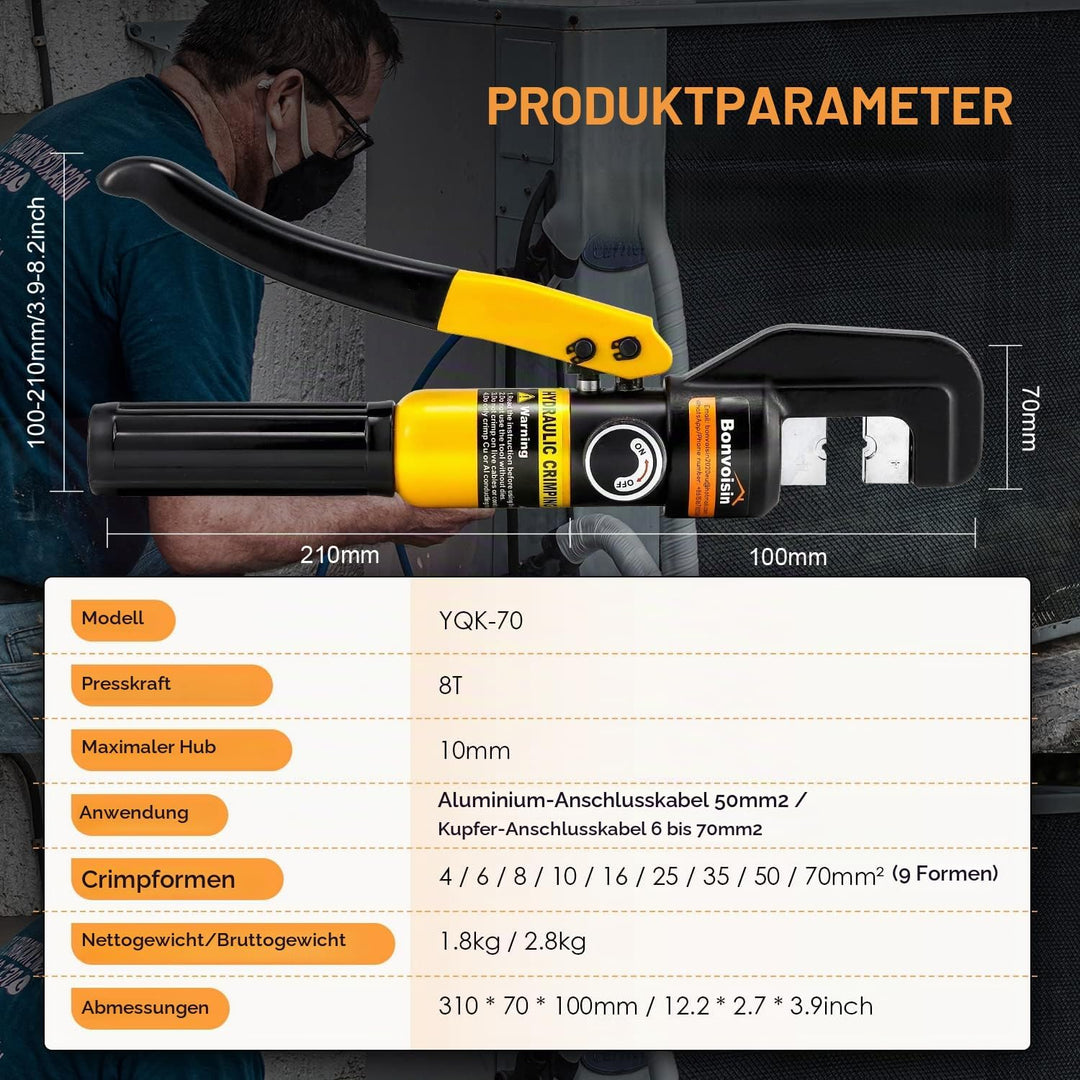 Bonvoisin Hydraulische Crimpzange, 8 Tonnen 9 Formen 4-70 m㎡ Stahl, für elektrische Kupfer- und Alum