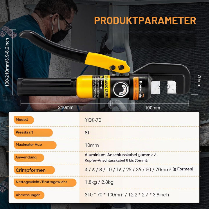 Bonvoisin Hydraulische Crimpzange, 8 Tonnen 9 Formen 4-70 m㎡ Stahl, für elektrische Kupfer- und Alum