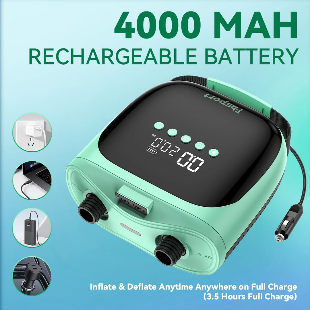 SUP Pumpe Elektrisch mit Akku, 20 PSI Hochdruck Luftpumpe, Wiederaufladbar, Auto-Off, 2-Stufen Infla
