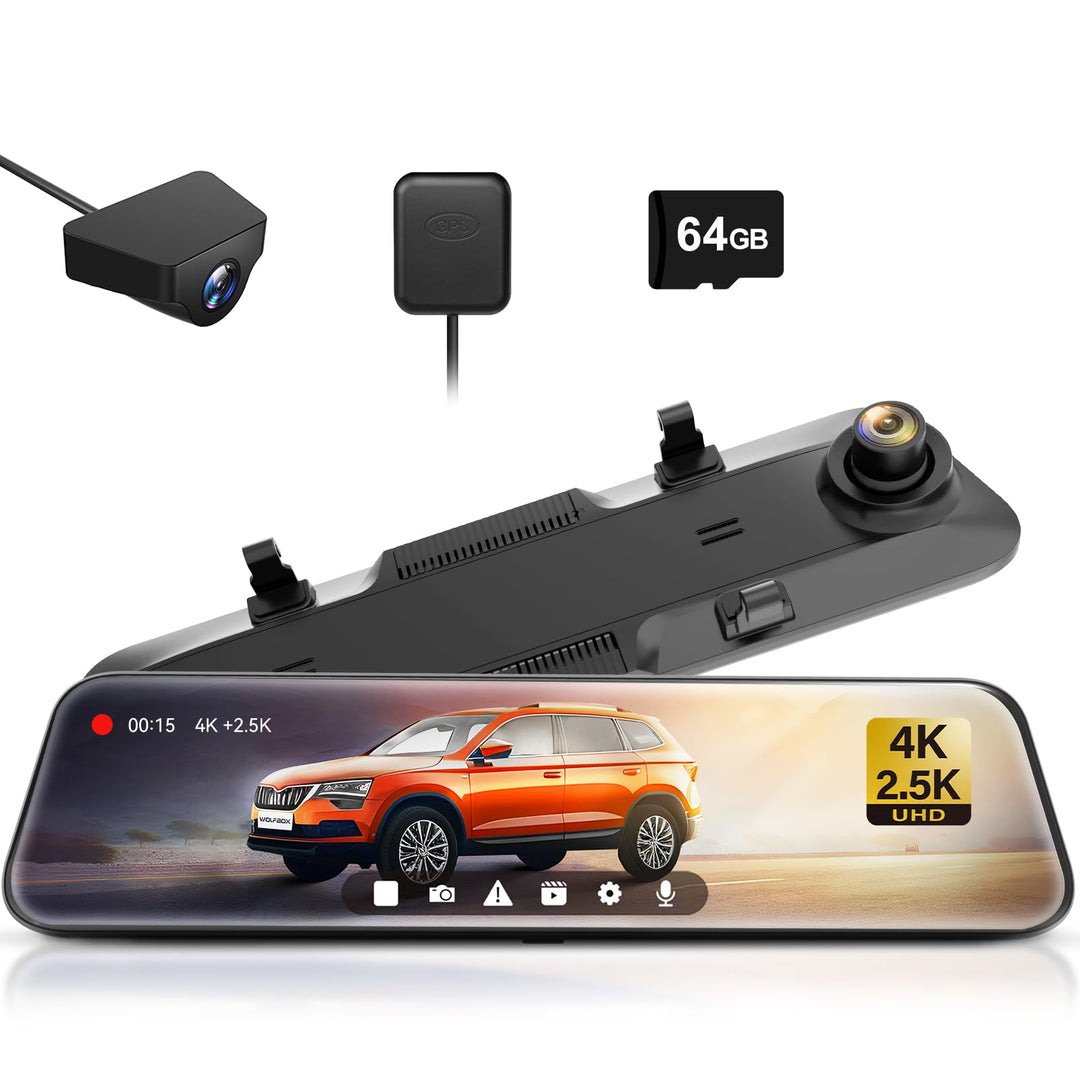 WOLFBOX Dashcam 4K + 2,5K für Rückspiegel: Front- und Rückspiegel Dashcam für Auto mit 12 Zoll Bilds