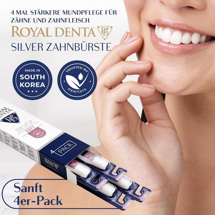 Royal Denta Silver Zahnbürsten mit weichen Borsten 4er-Pack - Doppellänge Borsten für effektive Inte