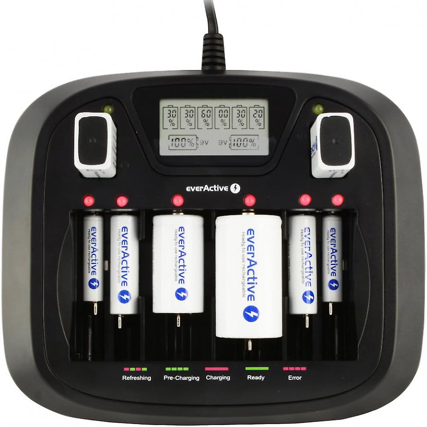everActive Ladegerät für 8 Akkus AAA AA C D 9V, universal und schnell, vollautomatisch, LCD mit proz