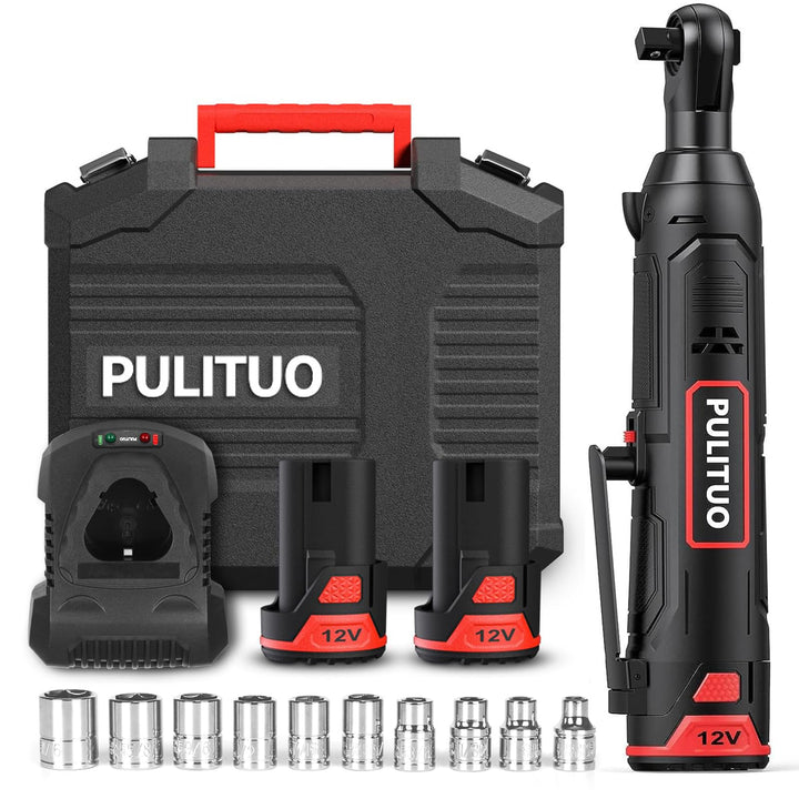 PULITUO Elektrische Ratschenschlüssel Set, 12V Akku Ratschenschlüssel 3/8" mit 2pcs 2000mAh Akkus un