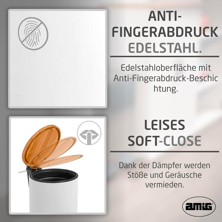 Amig - Kosmetikeimer mit Pedal 5L Naturline - Weiss und Bambus - Hygienische Öffnung - Ø20 x 26 cm -