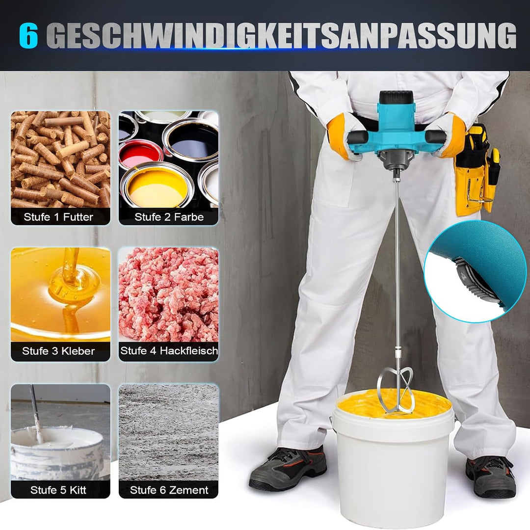 Mörtelrührer, 3500W Rührwerk mit 6-Gang-Getriebe, Extrem leises quirl mörtelrührer max.1500 U/min, f