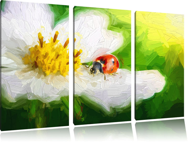 Pixxprint Marienkäfer auf Einer weissen Blume Kunst Pinsel Effekt 3-Teiler Leinwandbild 120x80 Bild