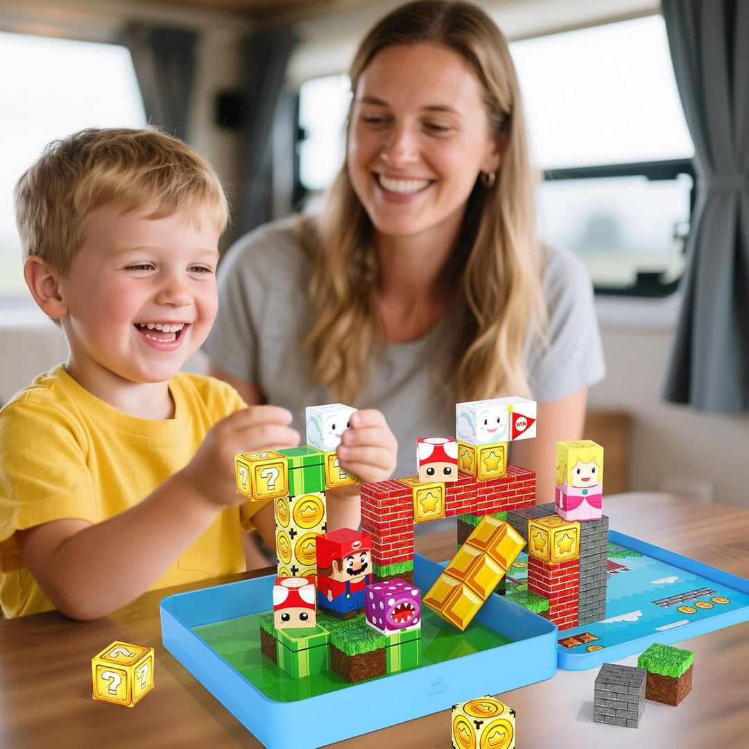 Magnetische Bausteine Reiseset, 49 Teile Magnetbausteine mit Eisenbox für Kinder, Magnetwürfel Bausp