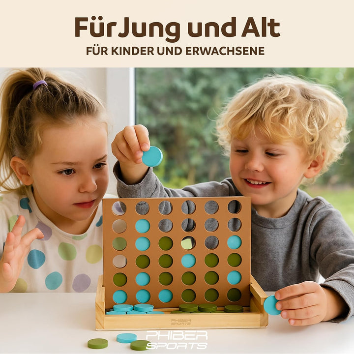 PHIBER-SPORTS 4-in-1 Holz Spielesammlung: Wackelturm, Vier-in-Einer-Reihe, Tic Tac Toe & Mikado Kind