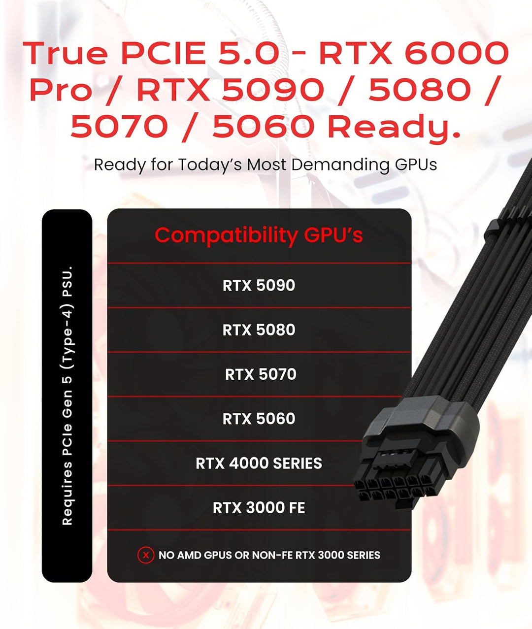 LINKUP - AVA 600W PCIE 5.0 16Pin (12+4) Hochstrom-Netzkabel┃Gepresster &amp; gelöteter Typ 16AWG ummante